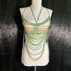 Beaded Halter Top with Gold and Green Accents